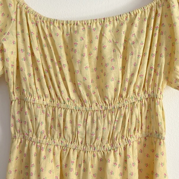 WAYF Sinclair Ditsy Floral Yellow Off The Shoulder Linen Mini Dress Tie Front - Picture 11 of 16